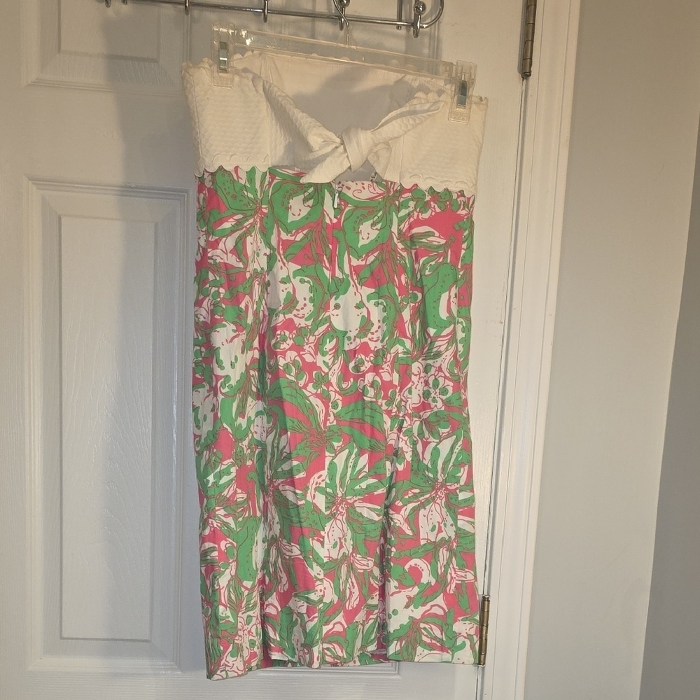 Lilly Pulitzer Cotton  White Strapless Dress with Pink & Green Floral Print 2 - Picture 7 of 16